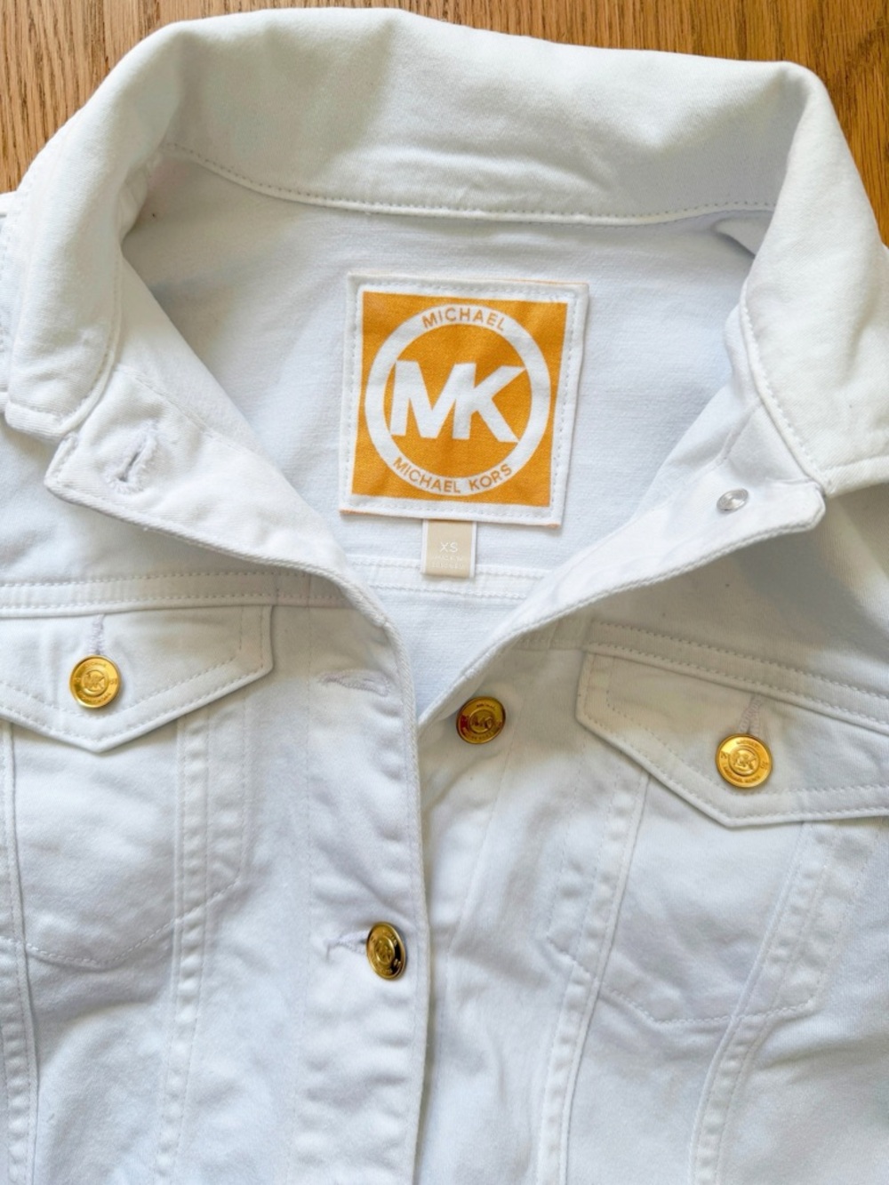 Michael Kors White Denim Trucker Jacket with Gold Buttons